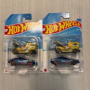 Mattel Hot Wheels Yellow Tow Truck & Blue Police Car 2-Pack